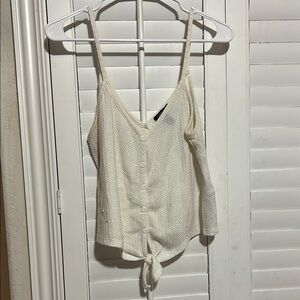 Women's White Button-Down Waffle Knit Tank Top with Adjustable Tie-Knot